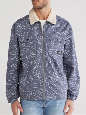 Billabong Mens Medium Xander Jacket Coat Palm Print Sherpa Collar Full Zip Blue